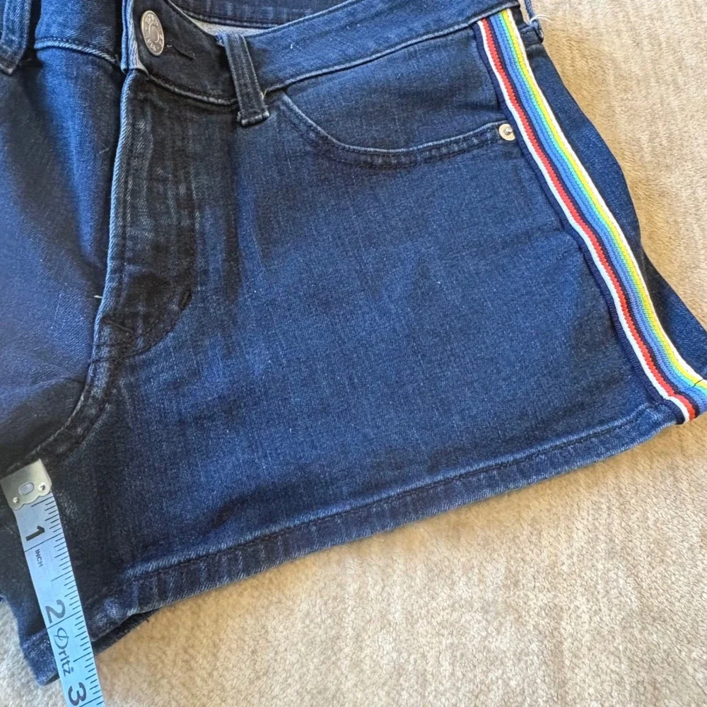 Express Denim Shorts Womens 6 Blue Rainbow Stripe Relaxed Low Rise Shortie Indie